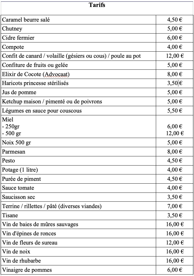 Tarif des productions artisanales maison de l'Angeberdière